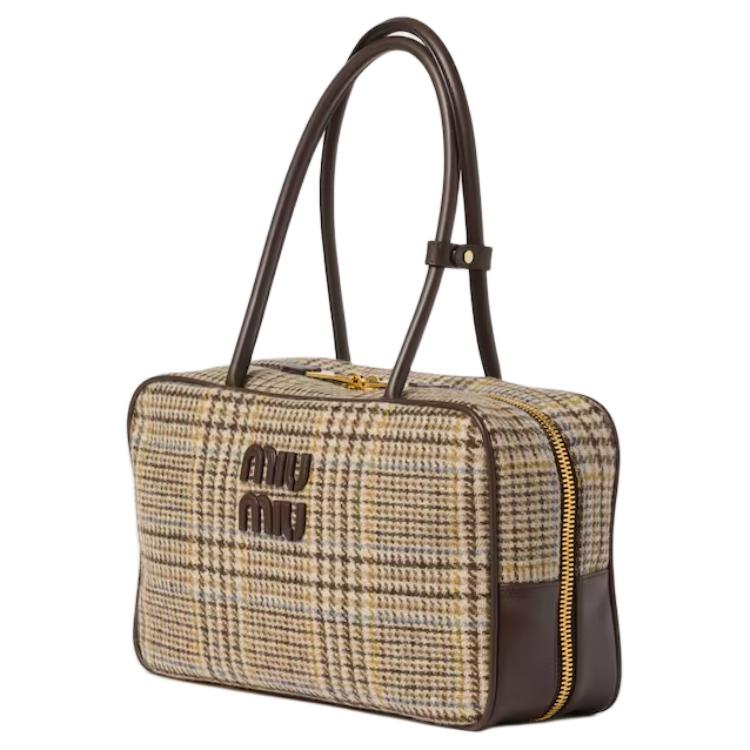 MIU MIU Beau Plaid Patch Leather Handbag Women's Cocoa Brown