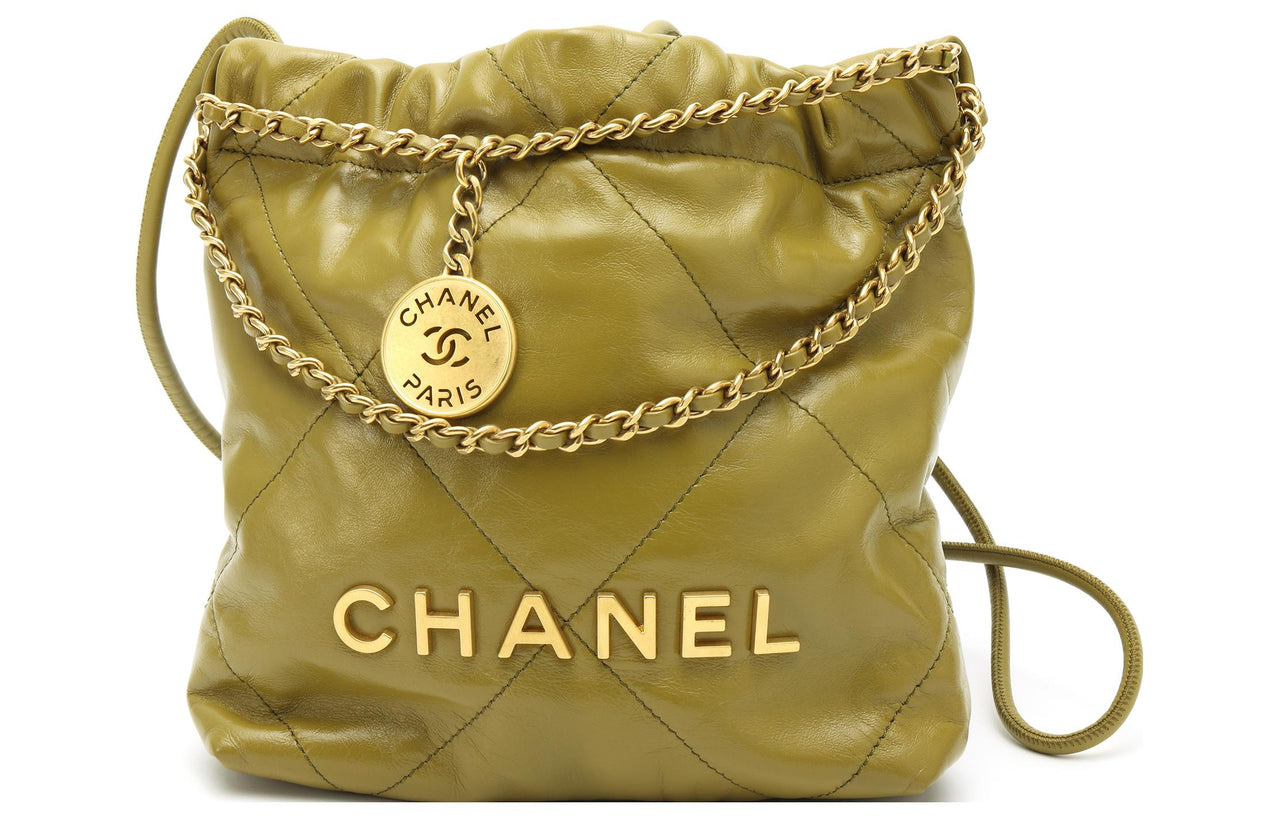 CHANEL 22Bag Shiny Calfskin Bucket Bags Shoulder Bag Crossbody Bag Mini Women's Olive Green