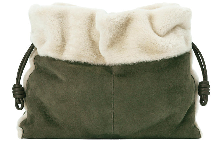 LOEWE Flamenco Wool Plush Bag, Handheld Crossbody Bag, Shoulder Bag Extra Large Women's Khaki Green