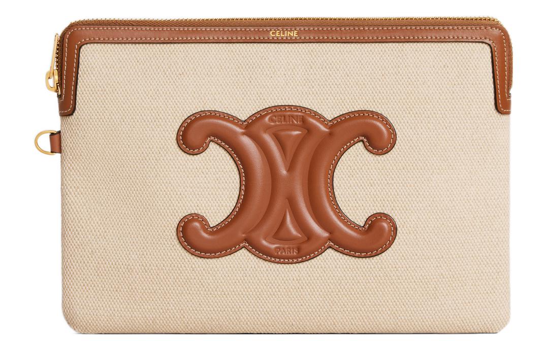 CELINE Fabric With Calfskin Trim Handbag Wrist Bag Clutch Small Size Women's Brown