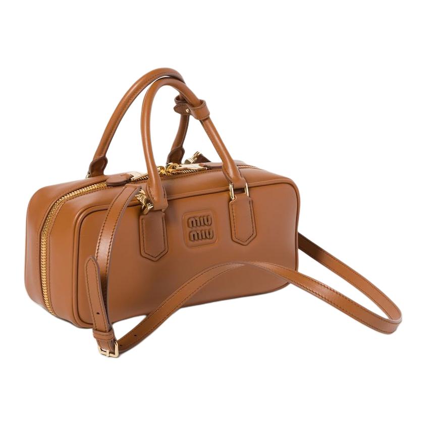 MIU MIU Arcadie Series Calfskin Bowling Bag, Shoulder Bag, Crossbody Bag, Handbag Large Size Women's Cognac