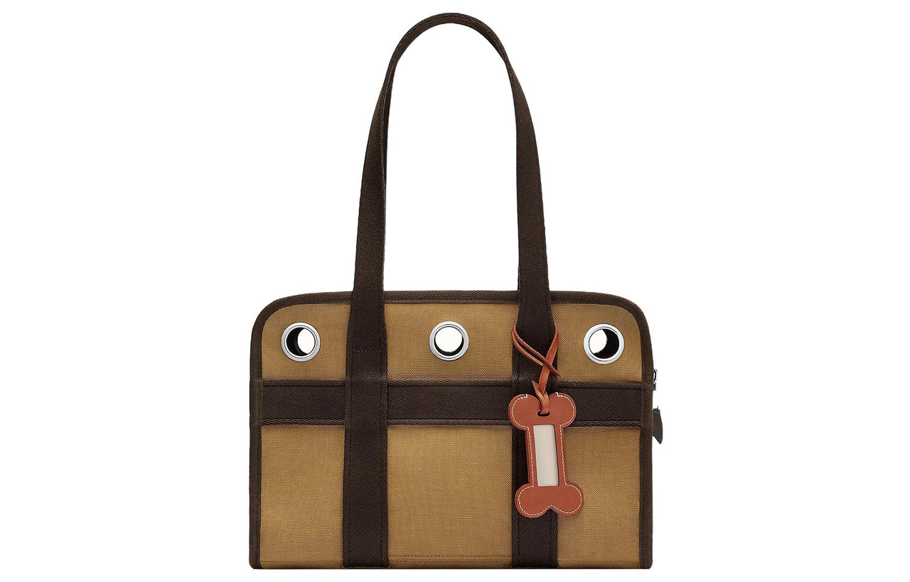 HERMES Cotton Small Dog Carrying Bag Pet Carrier Handbag Unisex Light Yellow Umber/Flame Orange