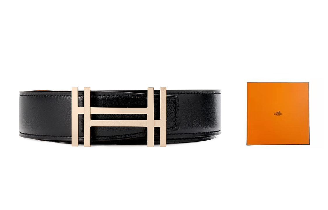 HERMES Togo Calfskin Leather Belts Men's Black/Gold Width: 3.2cm