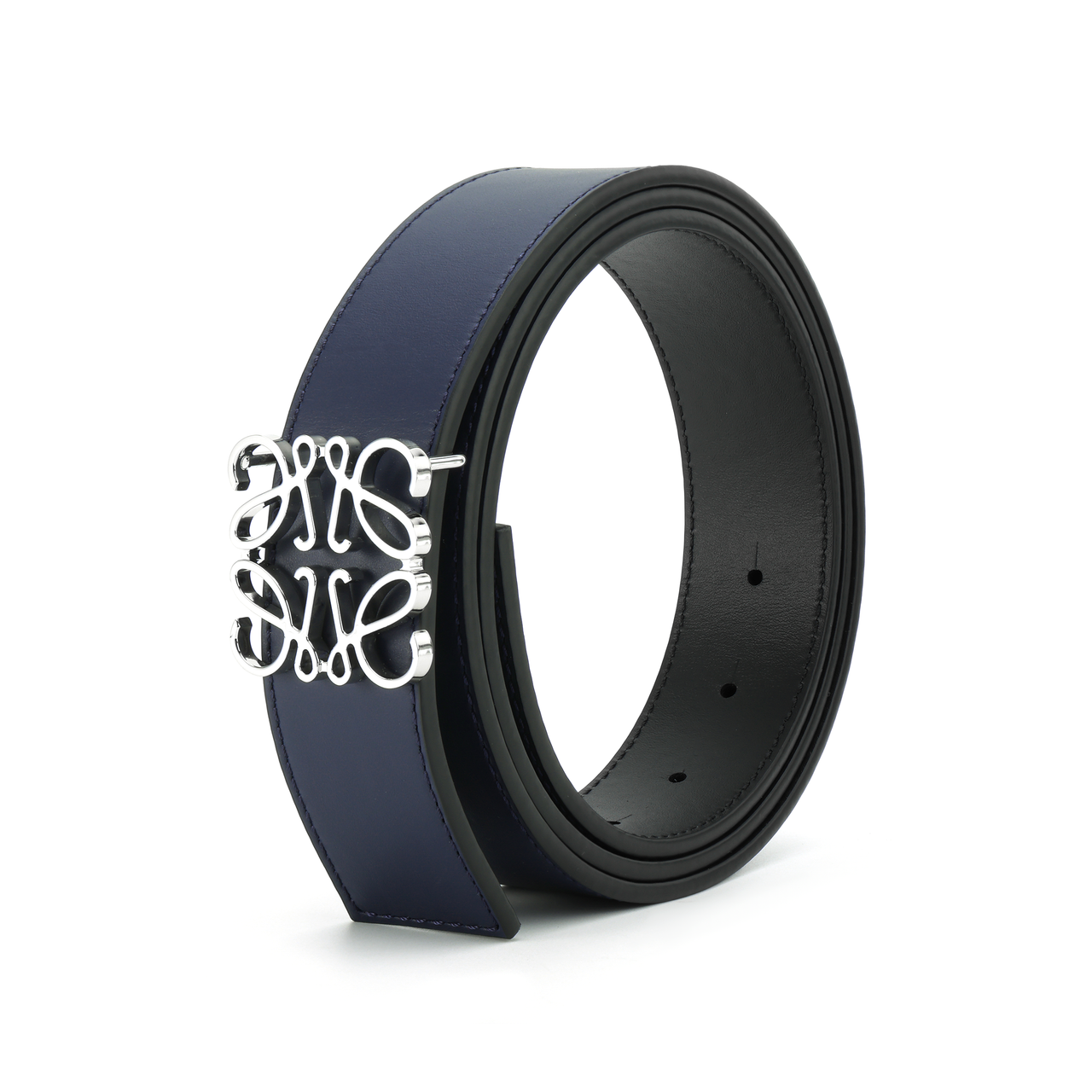 LOEWE Anagram Cow Leather Belts Men's Blue Black Silver 3.5cm