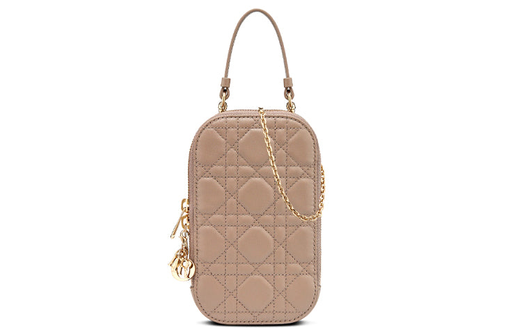 DIOR Lady Dior Lambskin One Shoulder Crossbody Cell Phone Pouch Women's Warm Taupe