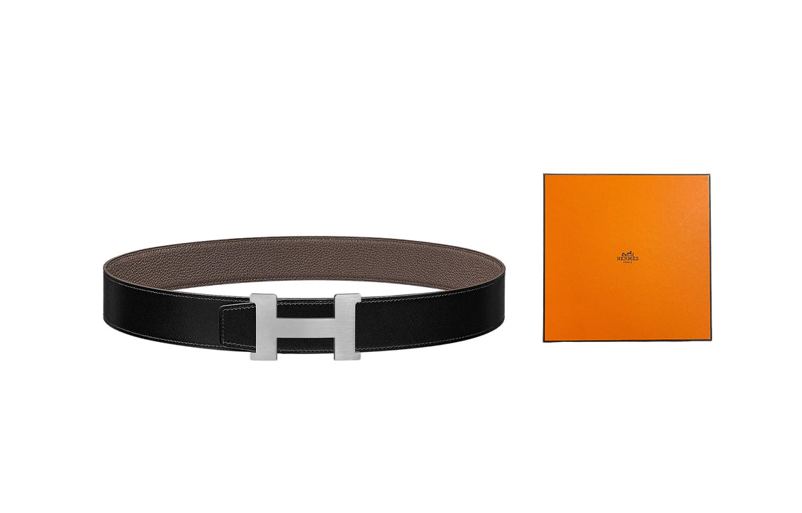 HERMES Cow Leather Leather Belts Men's Black/Tin Gray Width: 3.8cm