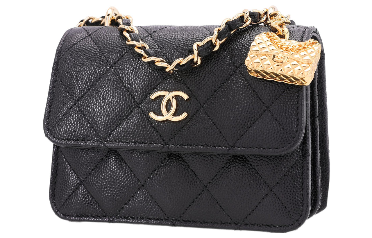 CHANEL WOC Embossed Calfskin With Grains Flap Bag Clutches Handbag Shoulder Bag Crossbody Bag Small Size Women's Black