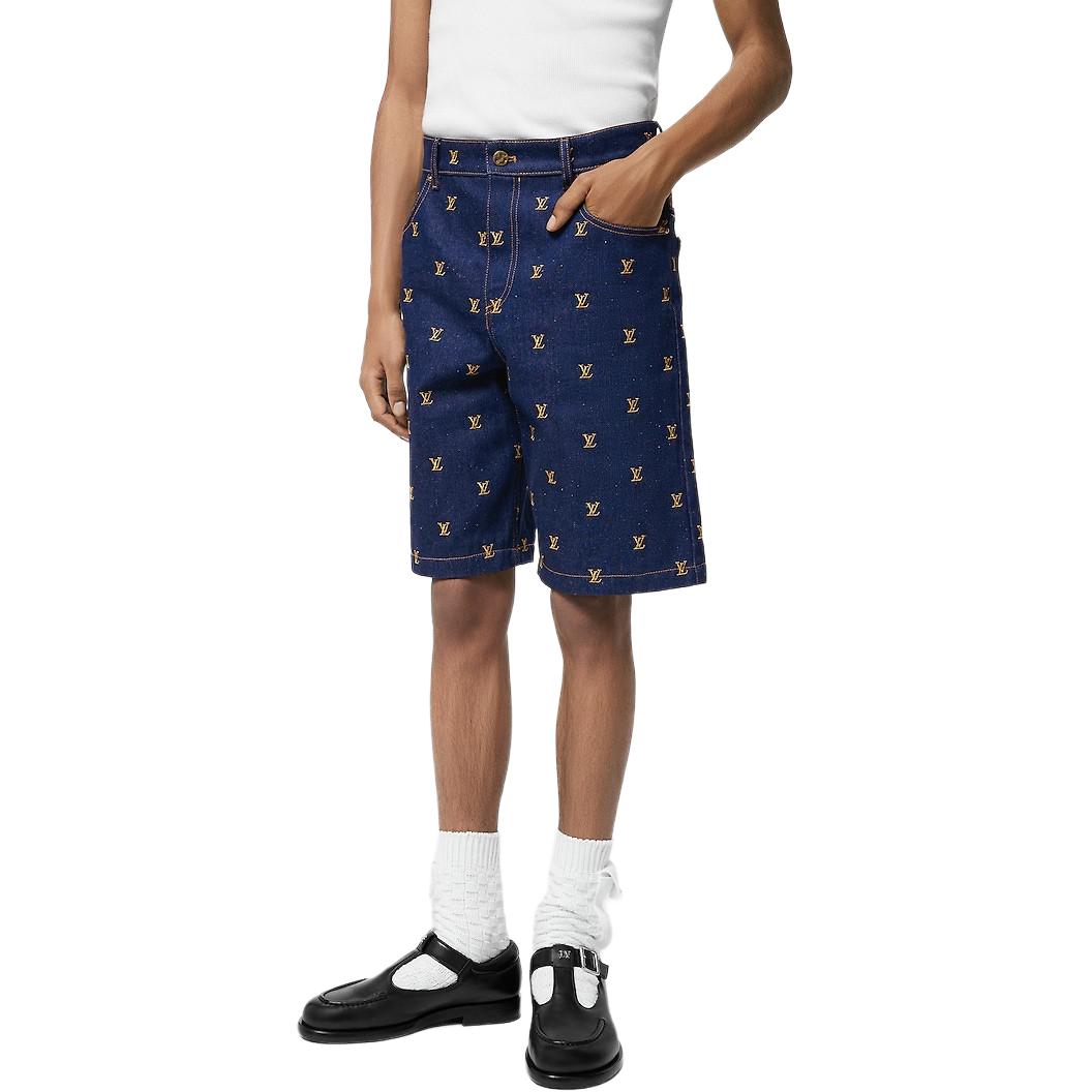 LOUIS VUITTON Embroidered Signature Denim Shorts