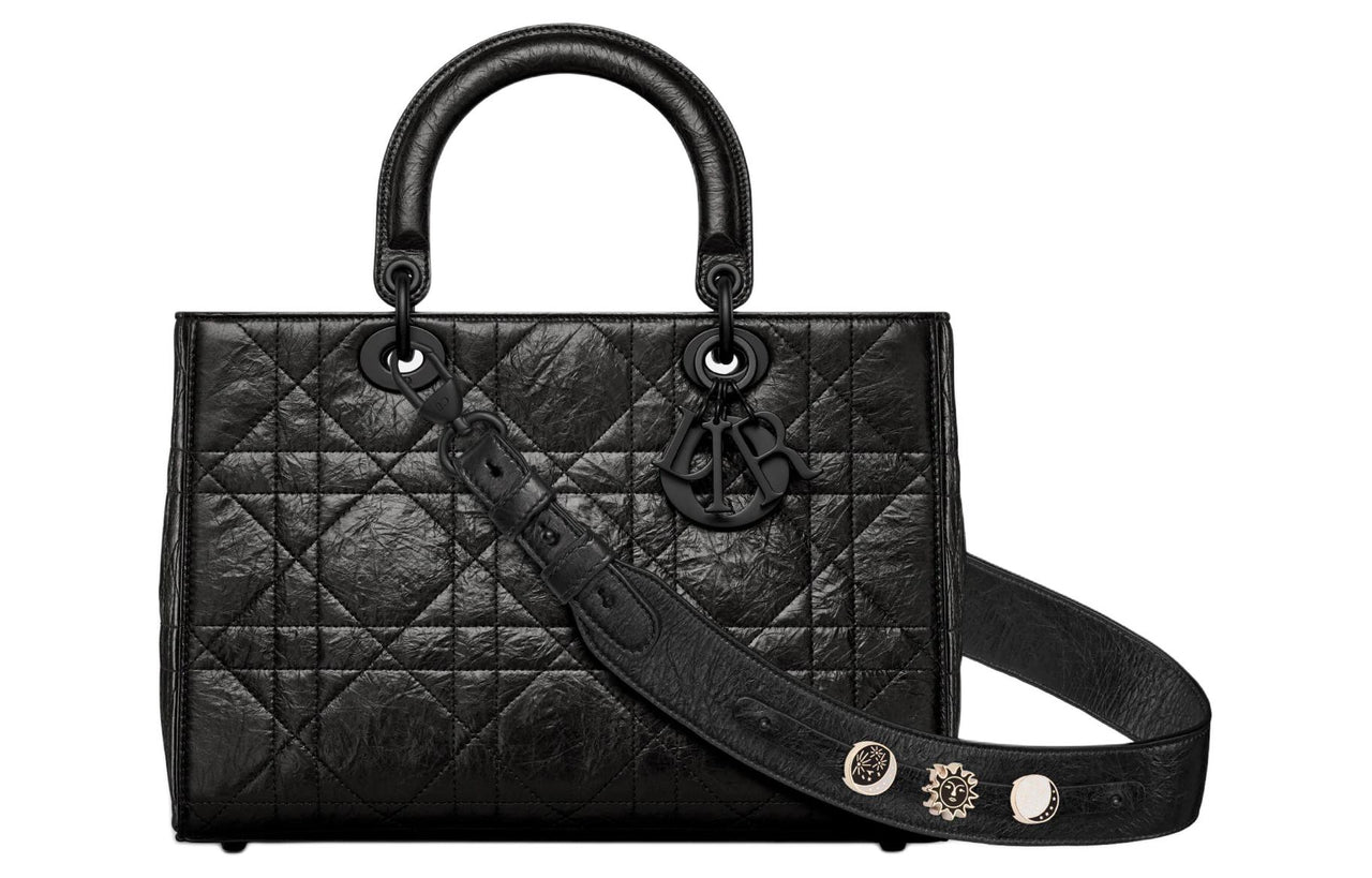 DIOR Pleated Cow Leather Shoulder Bag Crossbody Bag Handbag Medium Size Women's Black