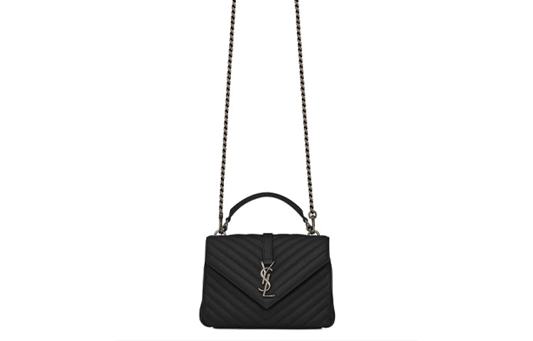 SAINT LAURENT College Lambskin Bonded Leather Portable Crossbody Bag Shoulder Bag Medium Size Women's Black
