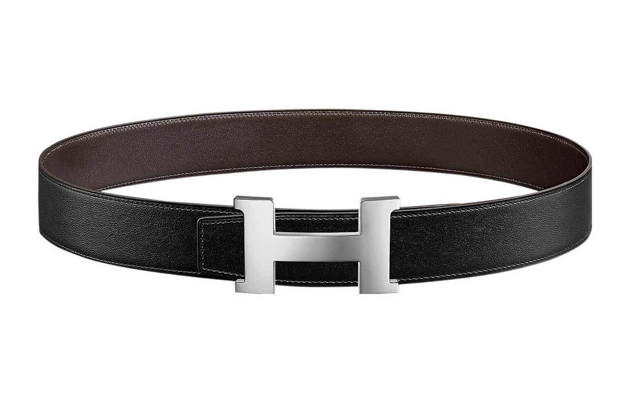 HERMES Minimalist Style Shiny Silver Buckle Togo Calfskin Double-Sided Leather Belt Men's Black/Ebony Width: 3.8cm