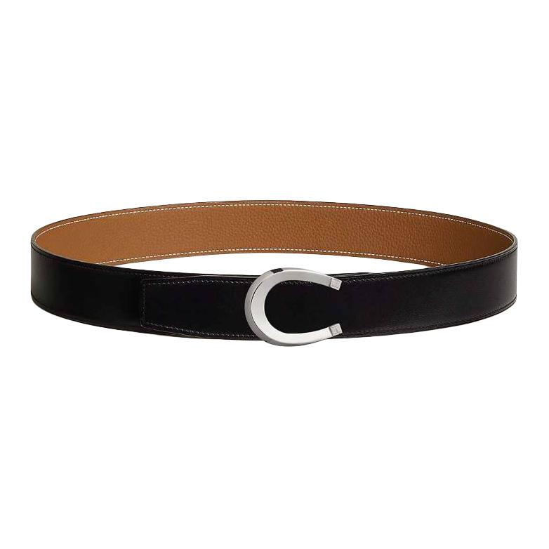 HERMES Calfskin Leather Belts Unisex Black/Brown Width  3.8cm