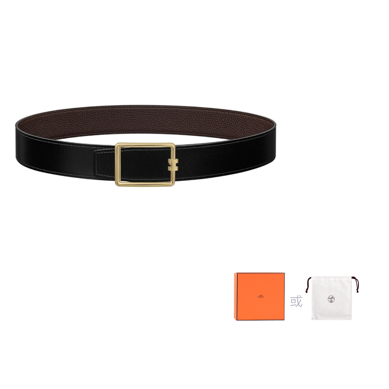 HERMES Calfskin Double-Sided Leather Leather Belts Men's Black Width: 3.8cm