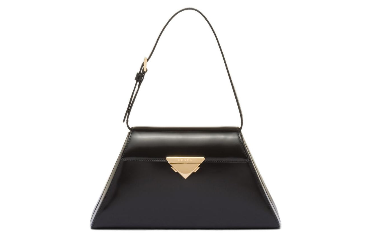 PRADA Brushed Leather One Shoulder Handbags Medium Size Women's Black