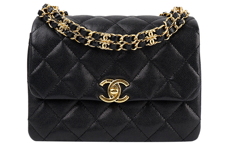 CHANEL 22K Autumn And Winter Litchi Cow Leather Crossbody Bag Shoulder Bag Women's Black
