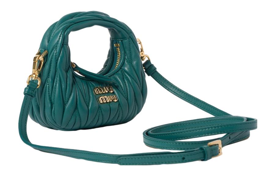 MIU MIU Wander Series Leather HOBO Handbag, Shoulder Bag, Crossbody Handbag Mini Women's Lagoon Blue