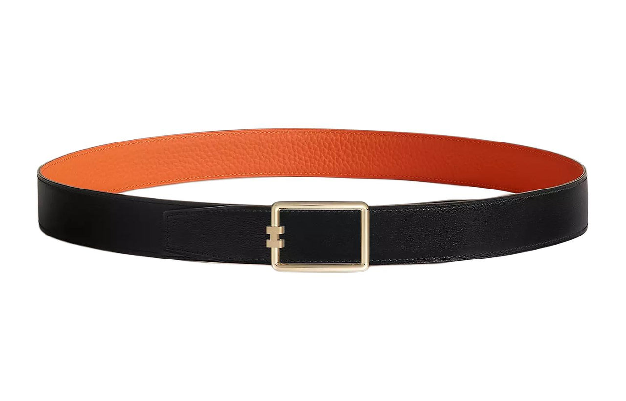 HERMES H Letter Decoration Smooth Buckle Leather Belts Unisex Orange Width: 3.2CM