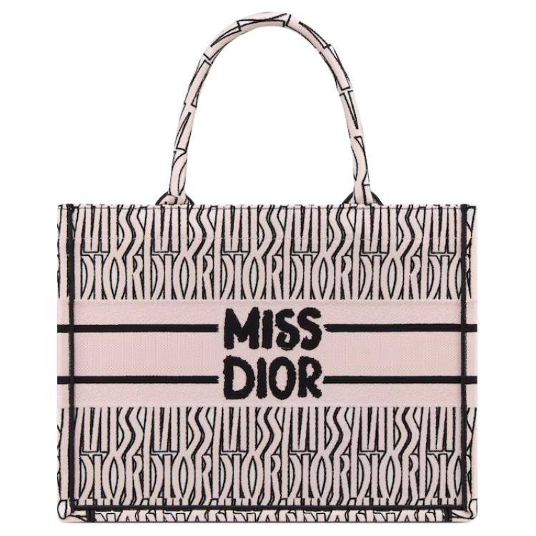 DIOR BookTote Embroidery Tote Bag, Shopping Bag, Handbag Medium Size Women's White & Light Pink