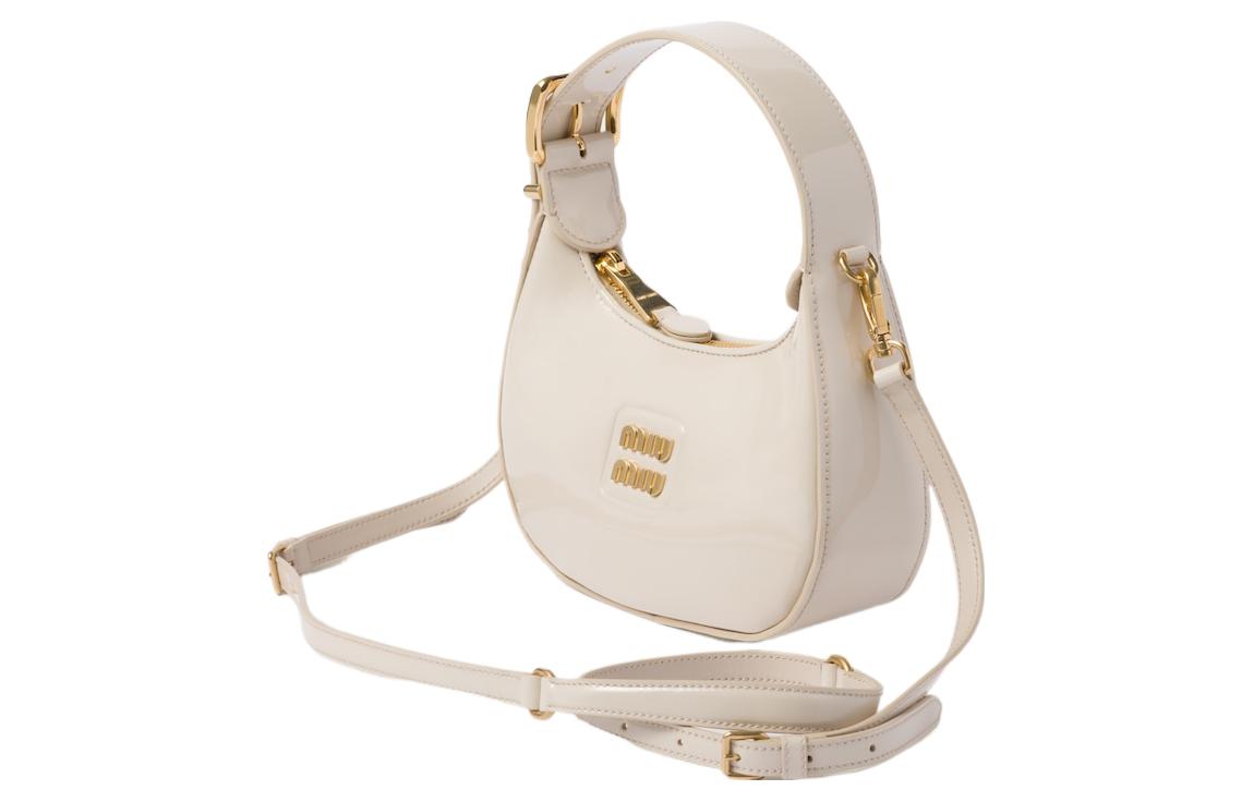 MIU MIU Patent Leather Crescent Bag, Hobo Bag, Shoulder Bag, Crossbody Handbag Women's Ivory