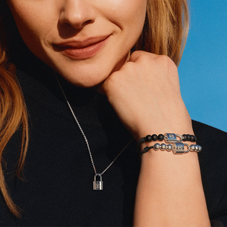 LOUIS VUITTON SiLOUIS VUITTONer Lockit Beads Bracelet SiLOUIS VUITTONer And Blue Polyester Cord