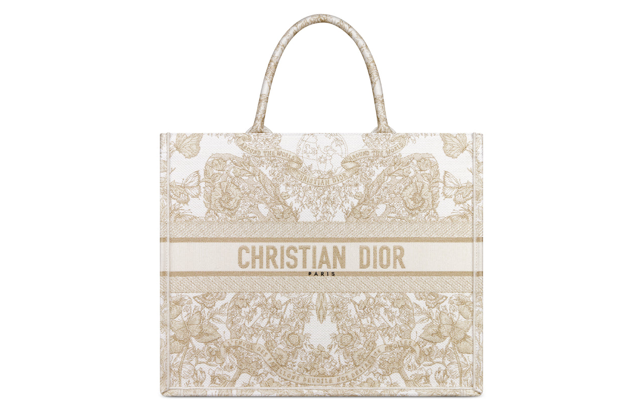 DIOR BookTote Embroidery Tote Bag, Shopping Bag, Handbag Tubas Women's Gold & White