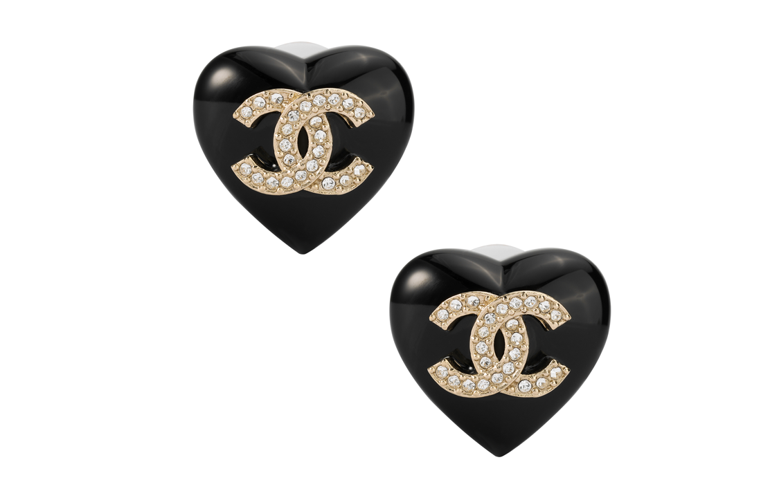 CHANEL 2022 Resin Rhinestone Cc Heart Push Back Earrings Costume Earrings