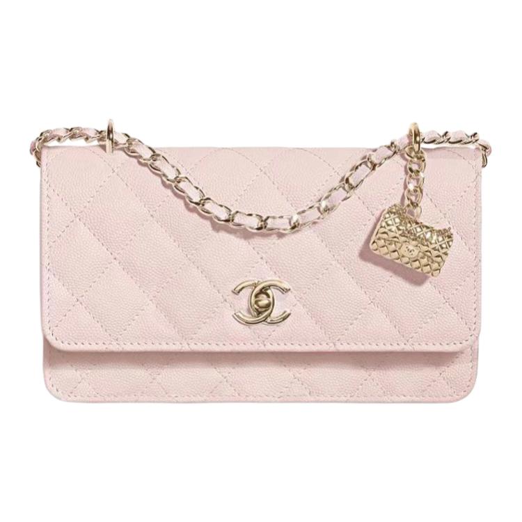 CHANEL WOC Litchi Grain Cow Leather Chain Bag, Wallet, Clutch, Shoulder Bag, Crossbody Bag Large Size Women's Pink
