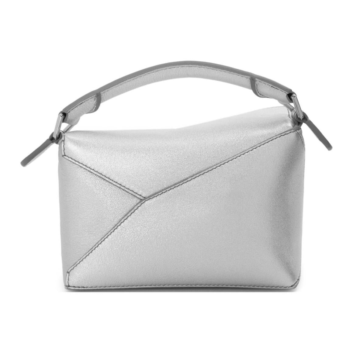 LOEWE Puzzle Lambskin One Shoulder Handbag Mini Women's Silver
