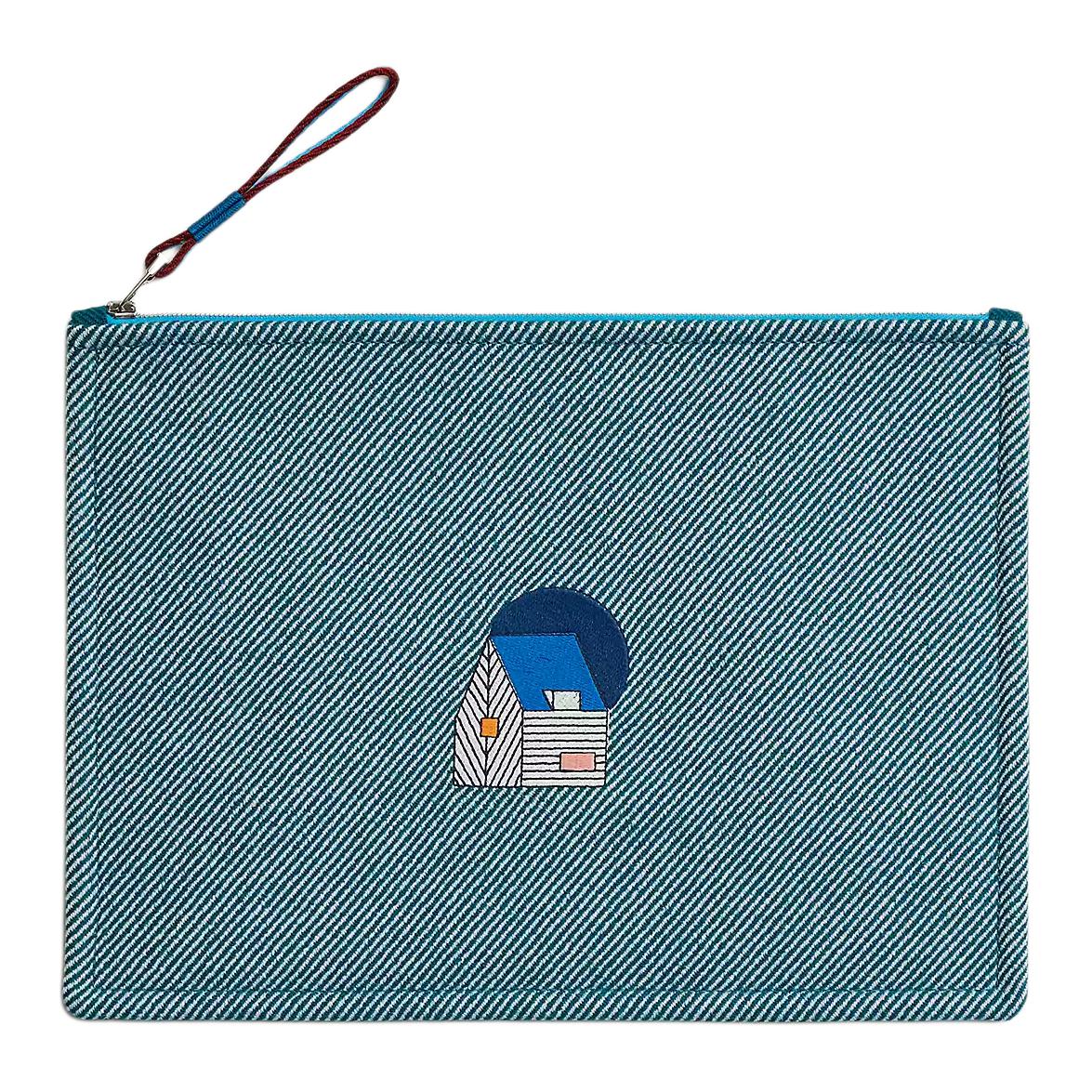 HERMES Les Cabanes Wool Storage Bags Clutches Regular Kids' Blue