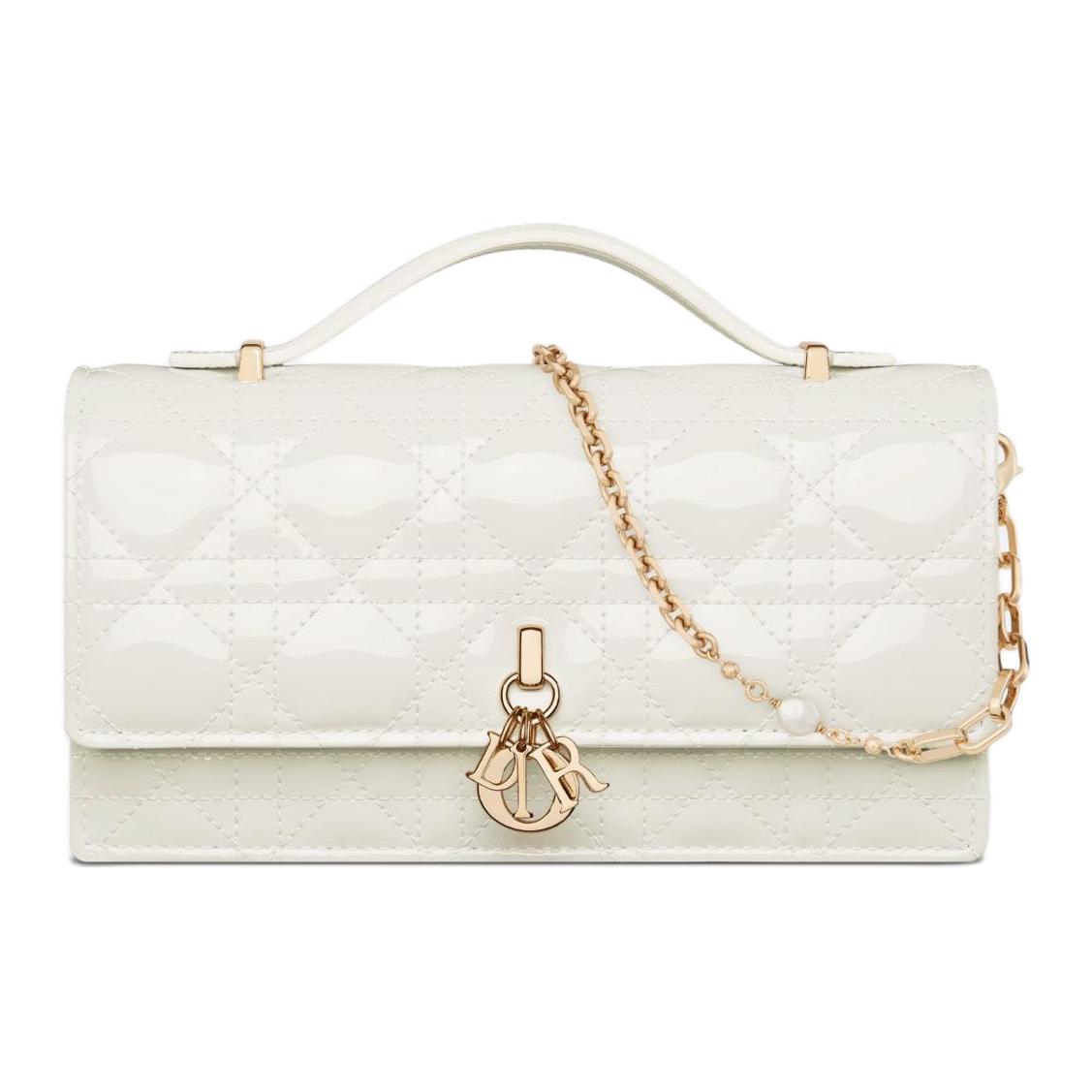 DIOR Wicker Pattern Patent Leather Cow Leather Shoulder Bag Crossbody Bag Handbag Mini Women's Milk White