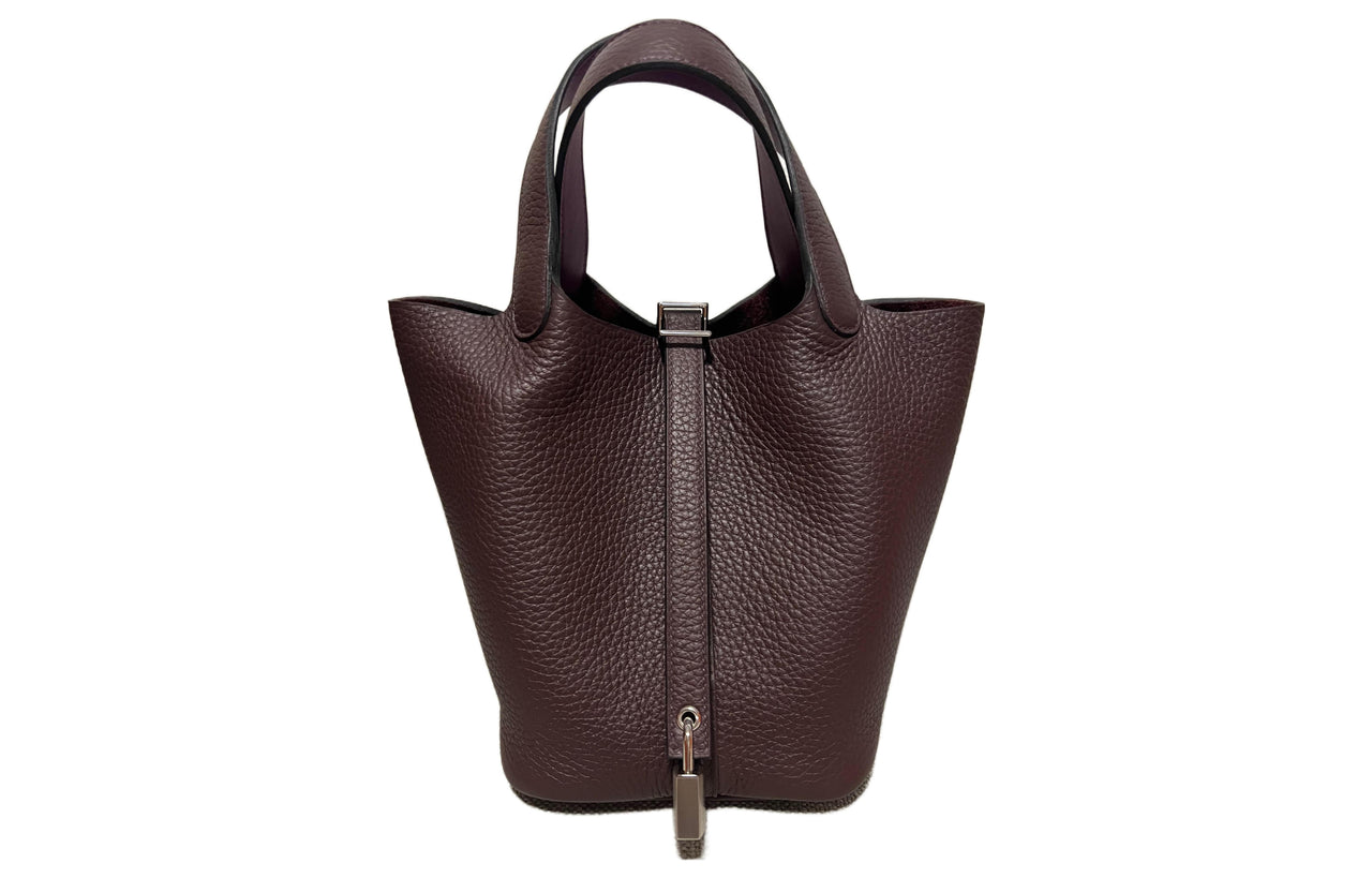 HERMES Picotin Taurillon Clemence Leather Silver Buckle Bucket Bags Handbags 18 Women's Saddle Red/Sea Cucumber Purple