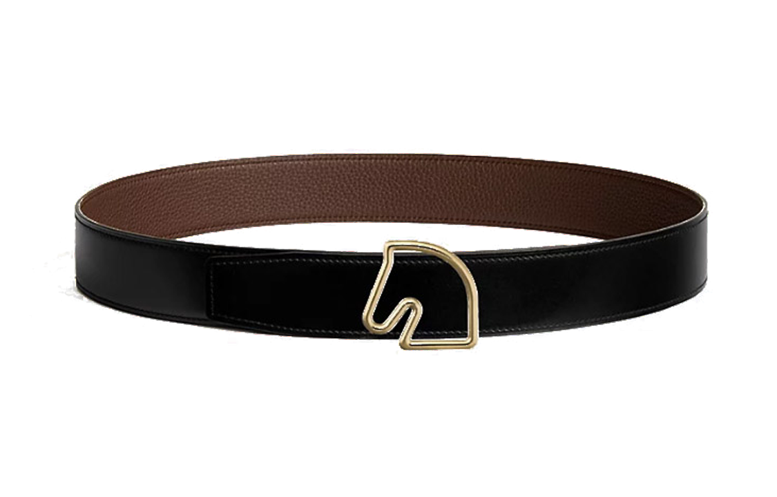 HERMES Horse Head Gold Smooth Buckle Calfskin Leather Belts Men's Black Width: 3.8cm