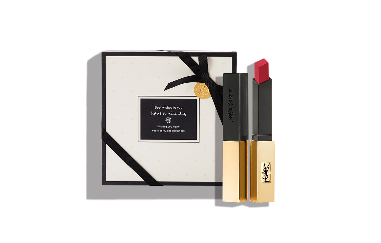 SAINT LAURENT Slim Tube Velour Pure Black Stripes Small Gold Bar Black Rose Box Lipsticks Matte Look