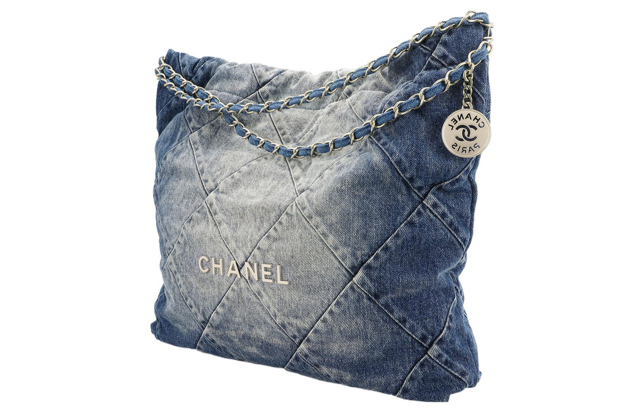 CHANEL 22Bag Distressed Denim Trash Bag Tote Bag Shopping Bag Handbag Shoulder Bag Unisex Washed Denim Blue