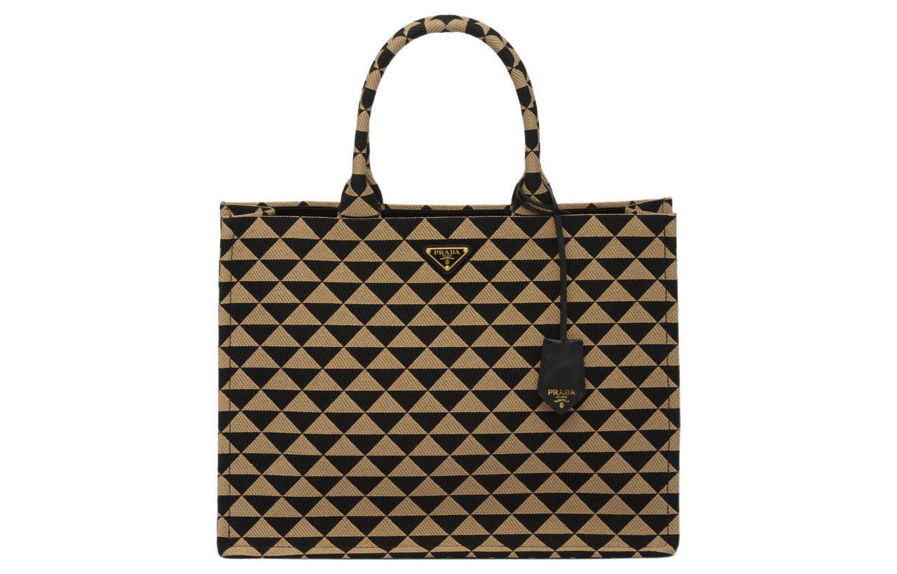 PRADA Symbol Jacquard Fabric With Leather Tote Bag, Shopping Bag, Handbag Women's