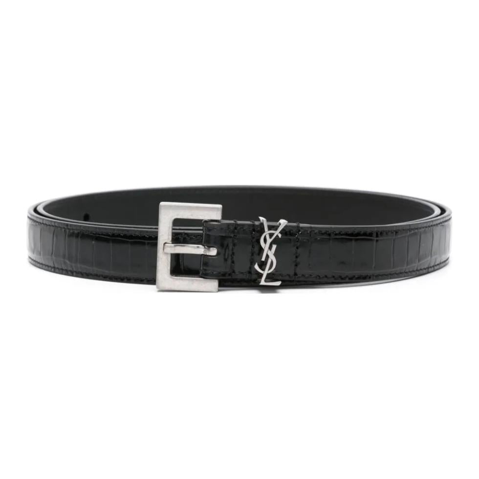 SAINT LAURENT Cassandre Crocodile-embossed Belt