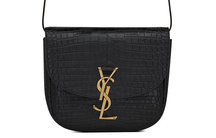 SAINT LAURENT KAIA Shiny Crocodile Pattern Embossed Cow Leather Saddle Bag, Crossbody Bag, Shoulder Bag Women's Black