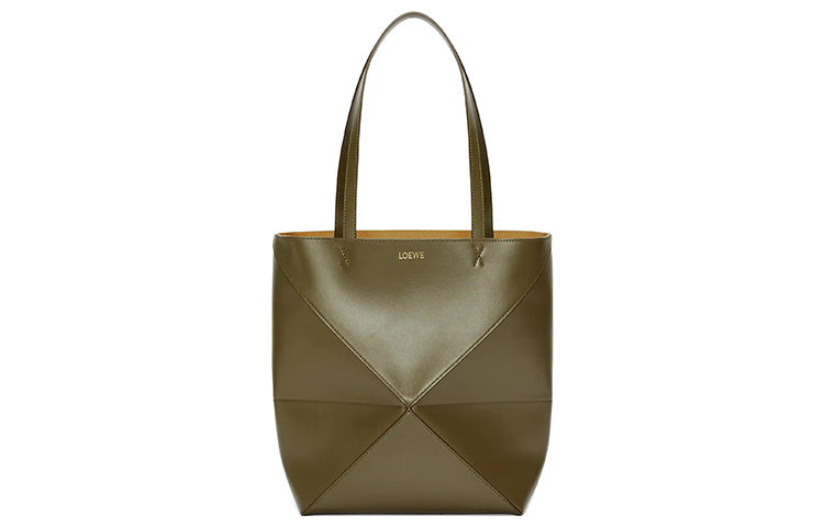 LOEWE Puzzle Fold Shiny Cow Leather Tote Bag, Shopping Bag, Handbag Medium Size Women's Dark Khaki Green