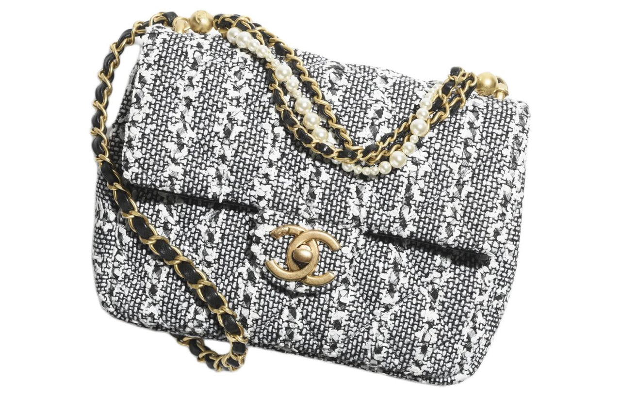 CHANEL Twill Velvet Artificial Pearl Mouth Cover Bag Crossbody Bag Mini Women's White & Black & Silver