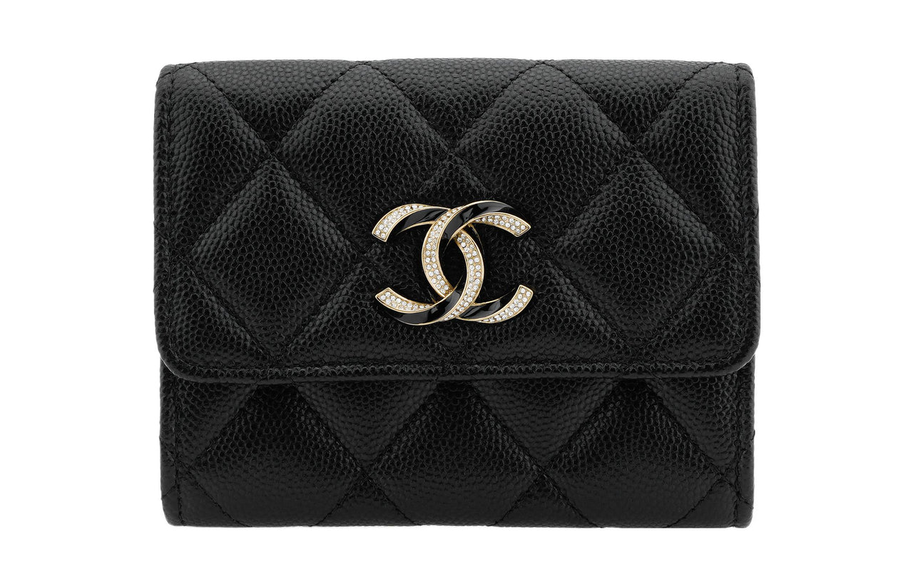CHANEL Cow Leather Card Holder Coin Purse Women's Black