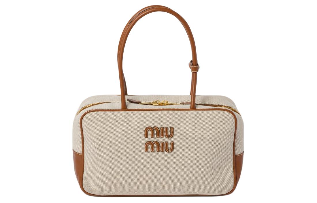 MIU MIU Canvas With Leather One Shoulder Handbags Women's Beige & Brandy