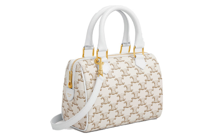 CELINE Triomphe Canvas With Calfskin Boston Bag, Crossbody Bag, Shoulder Bag, Handbag Women's White