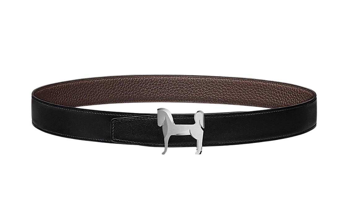 HERMES Emblem Pattern Silver Buckle Togo Calfskin Double-Sided Leather Leather Belts Unisex Black Width: 3.2cm