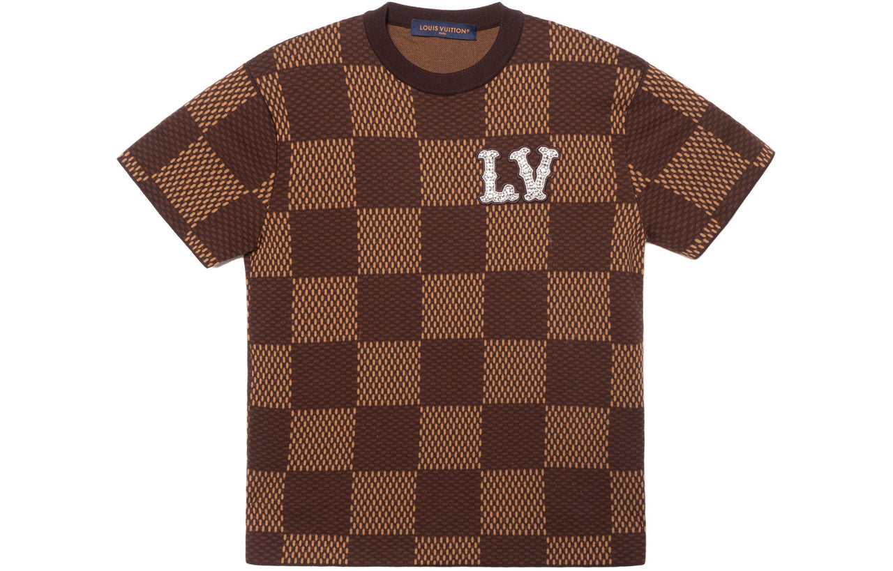 LOUIS VUITTON Short Sleeved Cotton Damier Crewneck With Crystal Lv Patch