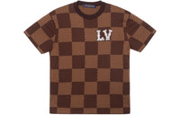 LOUIS VUITTON Short Sleeved Cotton Damier Crewneck With Crystal Lv Patch