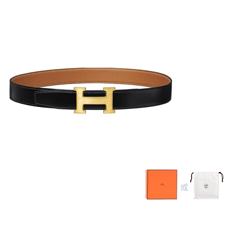 HERMES Epsom Calfskin Belt Leather Belts Men's Black Gold 3.2cm