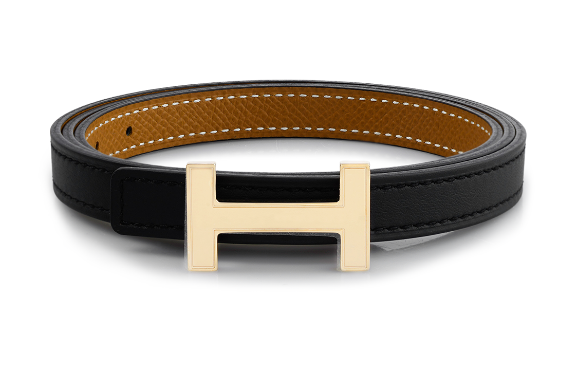 HERMES Focus Laiton Plaqué/Rose Gold Buckle Epson Calfskin Double Sided Leather Belt Women's Black/Camel Width 1.3cm