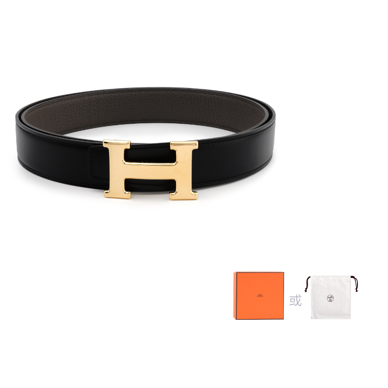 HERMES Cow Leather Leather Belts Men's Black/Tin Gray Width: 3.2cm