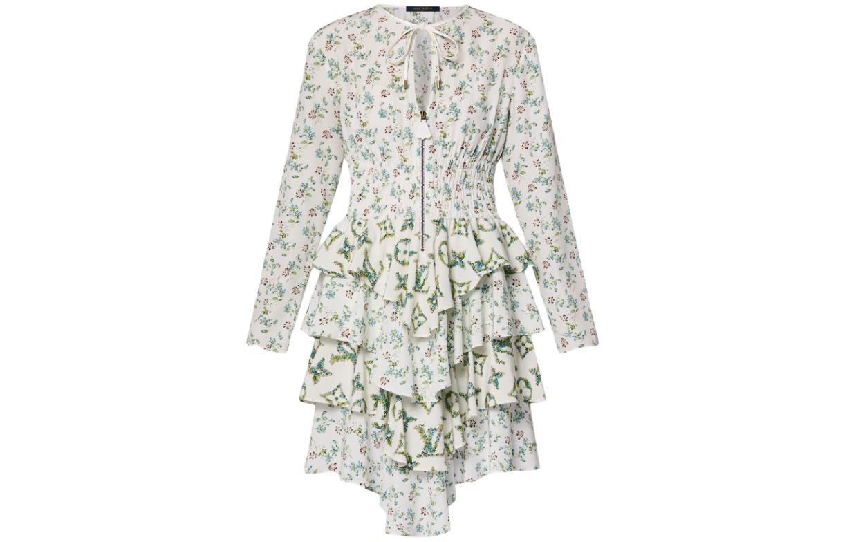 LOUIS VUITTON Floral Print Long-Sleeved Tiered Dress