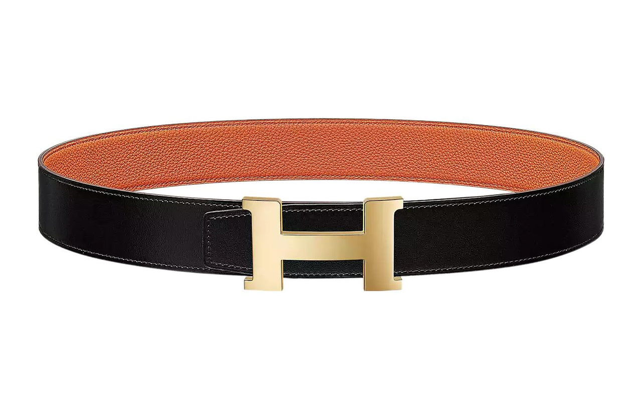 HERMES Cow Leather Leather Belts Men's Black/Orange Width: 3.8cm
